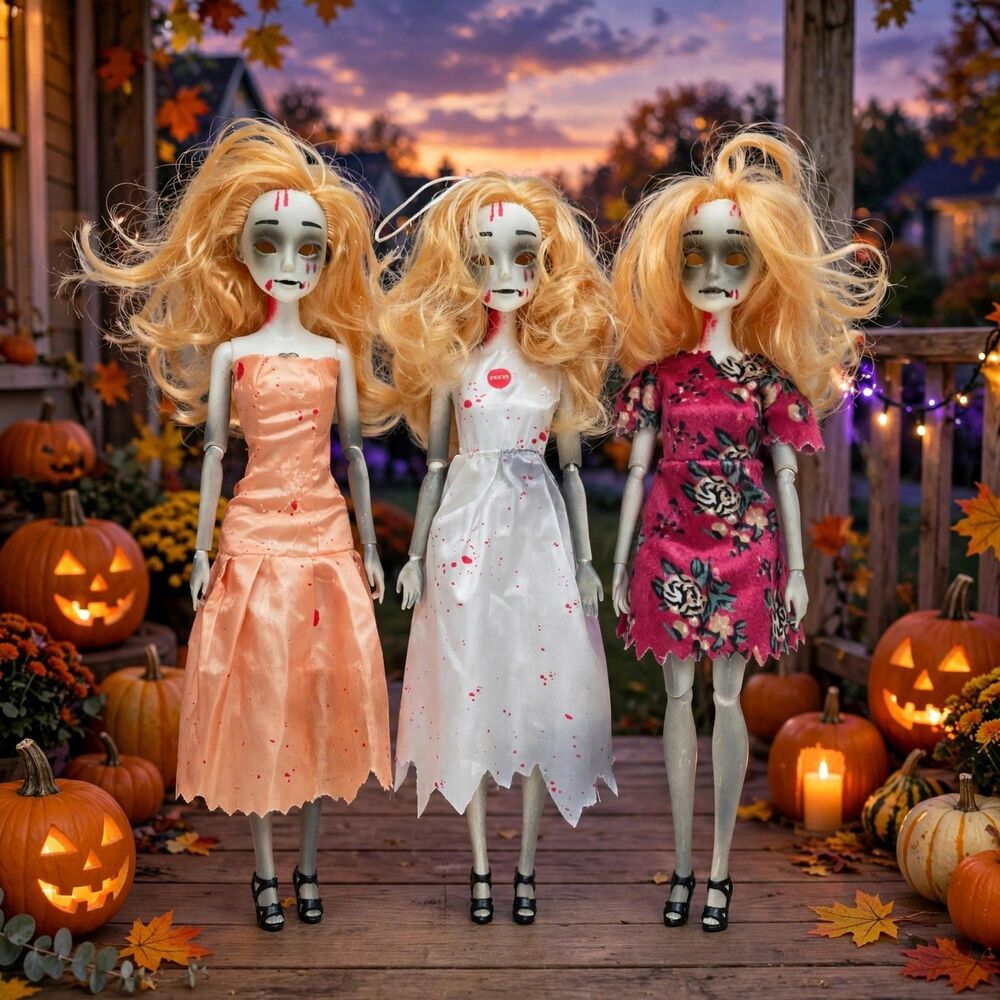 Tekky Zombie Dolls Lot of 3 Halloween Light Up Eyes Zombie Screams Bloody Mary